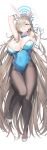  1girl absurdly_long_hair absurdres animal_ears asuna_(blue_archive) asuna_(bunny)_(blue_archive) bangs bare_shoulders blue_archive blue_eyes blue_leotard blush breasts brown_pantyhose cleavage detached_collar elbow_gloves fake_animal_ears full_body gloves grin hair_over_one_eye halo high_heels highleg highleg_leotard highres large_breasts leotard light_brown_hair long_hair looking_at_viewer mole mole_on_breast niji_(user_gaxk2333) pantyhose playboy_bunny rabbit_ears revision smile solo very_long_hair white_gloves 