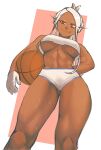  1girl animal_ears arm_behind_back ball bangs bare_shoulders basketball boku_no_hero_academia breasts cosplay covered_nipples cowboy_shot crop_top dark-skinned_female dark_skin from_below gloves highleg_shorts highres holding holding_ball large_breasts legs lola_bunny lola_bunny_(cosplay) long_eyelashes long_hair looking_at_viewer looking_down midriff mirko navel parted_bangs pony rabbit_ears rabbit_girl red_eyes shorts smile solo space_jam sportswear sweat thick_thighs thighs tied_ears underboob white_gloves white_hair white_shorts zukululuu 