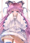  1girl absurdres animal_ears azur_lane blue_eyes blush coat dress fake_animal_ears fur_trim hair_ornament hair_ribbon highres long_hair long_sleeves looking_at_viewer neco_meito open_mouth purple_hair ribbon sleeves_past_wrists solo sweater tashkent_(azur_lane) thighhighs very_long_hair white_coat white_thighhighs winter_clothes 
