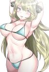  1girl arms_behind_head bikini blonde_hair blue_bikini breasts cleavage commentary_request cynthia_(pokemon) grey_eyes hair_ornament hair_over_one_eye highres large_breasts long_hair navel pokemon pokemon_(game) pokemon_dppt simple_background solo sumida_kichi swimsuit very_long_hair wavy_hair white_background 