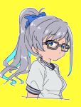  1girl blue_bow blue_eyes bow braid earrings glasses grey-framed_eyewear grey_hair hair_bow hair_up hisakawa_hayate idolmaster idolmaster_cinderella_girls jewelry long_hair outline ponytail sasaki_rindou short_sleeves simple_background solo upper_body white_outline yellow_background 