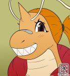  anthro bandage blush blush_lines brown_eyes clothing dragon dragonite eyelashes fangs gamesfan generation_1_pokemon hair hi_res horn icon looking_at_viewer multicolored_body nintendo orange_body orange_hair pokemon pokemon_(species) red_clothing signature solo teeth two_tone_body video_games white_body 