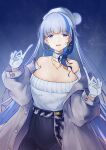  1girl absurdres arms_up bangs bare_shoulders blue_eyes blue_hair breasts coat collarbone earrings feet_out_of_frame girls&#039;_frontline girls&#039;_frontline_neural_cloud gloves highres hubble_(girls&#039;_frontline_nc) jewelry large_breasts long_hair looking_at_viewer m10086no1 multicolored_hair necklace off_shoulder open_clothes open_coat open_mouth pants parted_lips purple_pants sky smile solo standing star_(sky) starry_sky streaked_hair sweater very_long_hair white_coat white_gloves white_headwear white_sweater 