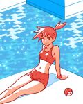  1girl akairiot bangs breasts commentary highres looking_at_viewer midriff misty_(pokemon) on_floor orange_hair poke_ball pokemon pokemon_(game) pokemon_rgby pool short_hair shorts side_ponytail sitting smile solo spiked_hair swimsuit symbol-only_commentary wristband 