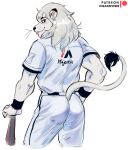  2022 anthro artist_name baseball_bat baseball_uniform bat_(object) belt blep blue_background bottomwear butt clothing felid fur hi_res leo_(saitama_seibu_lions) lion male mammal mascot nippon_professional_baseball pantherine patreon patreon_logo saitama_seibu_lions simple_background solo sportswear tongue tongue_out topwear uniform vhkansfweer white_background white_body white_bottomwear white_clothing white_fur white_topwear 