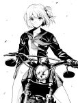  1girl absurdres bob_cut commentary_request fqnrxj gloves greyscale ground_vehicle hair_ribbon handlebar headlight highres jacket leather leather_jacket looking_at_viewer lycoris_recoil monochrome motor_vehicle motorcycle neckerchief nishikigi_chisato on_motorcycle pleated_skirt rear-view_mirror ribbon sailor_collar school_uniform serafuku serious short_hair skirt solo 