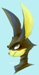  ace_bunny anthro black_body black_fur black_nose blue_eyes eyebrows fur headshot_portrait lagomorph leporid looking_at_viewer loonatics_unleashed looney_tunes male mammal narrowed_eyes portrait rabbit saffronic side_view sideways_smile simple_background smile smirk solo thick_eyebrows warner_brothers yellow_body yellow_fur 