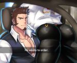  2boys ass bara beard blue_eyes brown_hair car collared_shirt denim english_text facial_hair fate/grand_order fate_(series) feet_out_of_frame ground_vehicle he_wants_to_order_(meme) highres huge_ass iskandar_(fate) jeans loboke looking_at_viewer male_focus manly mature_male meme motor_vehicle multiple_boys muscular muscular_male napoleon_bonaparte_(fate) pants pectoral_cleavage pectorals shirt smile spiked_hair t-shirt tight 