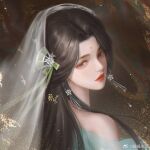  1girl artist_request baiguio_(zhu_xian) bare_shoulders brown_hair closed_mouth earrings expressionless facial_mark forehead_mark from_behind hair_ornament jewelry long_hair looking_at_viewer looking_back portrait second-party_source solo white_veil zhu_xian 