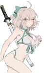  1girl absurdres ahoge armpits bangs bare_shoulders bikini blonde_hair bow breasts carrying_over_shoulder closed_mouth collarbone cowboy_shot fate/grand_order fate_(series) green_bow green_ribbon grey_eyes highres katana light_blush looking_at_viewer medium_breasts medium_hair navel okita_j._souji_(fate) okita_j._souji_(third_ascension)_(fate) okita_souji_(fate) one_eye_closed ribbon sidelocks simple_background sketch solo string_bikini swimsuit sword thighs weapon white_background white_bikini yurumawari 