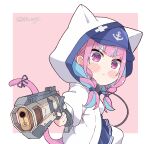  1girl angry animal_ears animal_hood apex_legends b3_wingman bangs blue_hair blue_skirt blunt_bangs blush_stickers braid cat_ears cat_girl cat_hood cat_tail chibi commentary determined english_commentary gun handgun highres holding holding_gun holding_weapon hololive hood hooded_jacket jacket kukie-nyan long_hair looking_at_viewer minato_aqua multicolored_hair open_clothes open_jacket pantyhose purple_eyes purple_hair ribbon skirt solo streaked_hair tail tail_ornament tail_ribbon twin_braids twitter_username two-tone_hair v-shaped_eyebrows virtual_youtuber weapon white_jacket white_pantyhose 