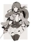  1girl armor bangs boots breastplate breasts cape eirika_(fire_emblem) fingerless_gloves fire_emblem fire_emblem:_the_sacred_stones flipped_hair frilled_skirt frills gloves hand_guard highres holding holding_sword holding_weapon long_hair looking_at_viewer medium_breasts monochrome rapier sierra117renner skirt smile solo sword thigh_boots thighs weapon 