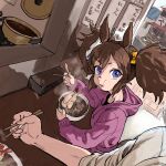  1boy 1girl animal_ears bangs blue_eyes bowl breasts brown_hair chopsticks cooking_pot counter e-ncyo eating food fox_mask highres holding holding_bowl holding_chopsticks hood hood_down hoodie horse_ears inari_one_(umamusume) long_sleeves looking_at_viewer looking_to_the_side mask mask_on_head medium_hair noodles open_mouth out_of_frame purple_hoodie shirt shrimp shrimp_tempura sitting small_breasts steam tempura trainer_(umamusume) umamusume white_shirt 