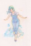  1girl aqua_hair blue_overalls cape collarbone dated dungarees full_body head_tilt highres looking_at_viewer medium_hair open_mouth original overalls rainbow shin1ar24 shirt short_sleeves traditional_media watercolor_pencil_(medium) white_cape white_shirt 