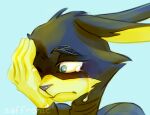  ace_bunny anthro black_body black_fur blue_eyes bodily_fluids crying ears_back ears_down eyebrows frown fur hand_on_face headshot_portrait lagomorph leporid looking_away looking_down loonatics_unleashed looney_tunes male mammal one_eye_closed one_eye_obstructed pivoted_ears portrait rabbit sad saffronic solo teardrop tears thick_eyebrows warner_brothers yellow_body yellow_fur 