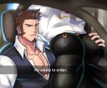  2boys ass ass_grab bara beard blue_eyes brown_hair car collared_shirt denim english_text facial_hair fate/grand_order fate_(series) feet_out_of_frame ground_vehicle he_wants_to_order_(meme) highres huge_ass iskandar_(fate) jeans loboke looking_to_the_side male_focus manly mature_male meme motor_vehicle multiple_boys muscular muscular_male napoleon_bonaparte_(fate) pants pectoral_cleavage pectorals shirt smile spiked_hair t-shirt teeth tight 