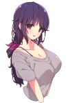  1girl bangs blush bra bra_strap breasts cleavage grey_shirt hair_ribbon highres large_breasts long_hair looking_at_viewer machikado_mazoku mature_female mel_(melty_pot) open_mouth purple_bra purple_eyes purple_hair purple_ribbon ribbon shirt simple_background smile solo underwear white_background yoshida_seiko 