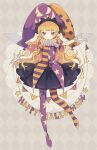  1girl argyle argyle_background blonde_hair blush closed_mouth clownpiece dress fairy fairy_wings full_body halloween halloween_costume hat highres jester_cap long_hair nikorashi-ka pantyhose pink_eyes pointy_ears short_sleeves smile solo star_(symbol) star_print striped striped_dress striped_pantyhose touhou wings 