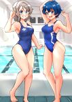  2girls absurdres blue_eyes blue_hair blue_one-piece_swimsuit breasts brown_hair commentary_request commission competition_swimsuit crossover ereka grin highres kamishiro_sui love_live! love_live!_sunshine!! medium_breasts multiple_girls one-piece_swimsuit open_mouth pixiv_request pool poolside round_teeth salute short_hair smile swimsuit teeth tokyo_7th_sisters upper_teeth watanabe_you 