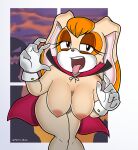  2022 anthro bent_over breasts cape clothing fangs female front_view gloves hair handwear hanging_breasts hi_res lagomorph leporid mammal monke_brush mostly_nude mostly_nude_anthro mostly_nude_female narrowed_eyes open_mouth orange_hair portrait rabbit sega solo sonic_the_hedgehog_(series) tan_body three-quarter_portrait tongue tongue_out vampire vanilla_the_rabbit 