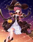  1girl black_gloves boots broom broom_riding dress eiyuu_densetsu gloves hat highres jack-o&#039;-lantern kakiko210 looking_at_viewer mishy ponytail red_hair sara_valestein sen_no_kiseki smile solo witch witch_hat yellow_eyes 