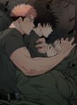  2boys absurdres bag bangs black_hair black_shirt brown_eyes closed_eyes facial_mark fushiguro_megumi hair_between_eyes highres hug hug_from_behind implied_yaoi itadori_yuuji jujutsu_kaisen looking_at_another lying male_focus multiple_boys muscular muscular_male on_side pink_hair shirt short_hair sleeping somwang_07 spiked_hair undercut yaoi 