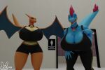  3:2 3d_(artwork) anthro big_breasts blue_body bottomwear breast_squish breasts charizard cleavage cleavage_overflow clothed clothing digital_media_(artwork) dragon duo female feraligatr generation_1_pokemon generation_2_pokemon gym gym_bottomwear gym_clothing gym_shorts huge_breasts looking_at_viewer membrane_(anatomy) nintendo nipple_outline pokemon pokemon_(species) scalie shorts smile squish sticki_bun thick_thighs topwear video_games wide_hips wings yuki_(evov1) yukigatr_(evov1) yukizard_(evov1) 