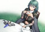  1girl black_shorts blue_eyes breasts byleth_(fire_emblem) byleth_(fire_emblem)_(female) cape chair closed_mouth commentary cup dagger fire_emblem fire_emblem:_three_houses gauntlets grass green_hair hair_between_eyes holding holding_cup knife large_breasts looking_at_viewer midriff miyai_sen navel outdoors sheath shorts shrug_(clothing) sitting smile solo table tassel teacup weapon 