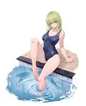  1girl aoba_aratame_ni bangs bare_arms barefoot breasts c.c. code_geass commentary_request competition_swimsuit covered_navel full_body green_hair highres legs long_hair looking_at_viewer medium_breasts one-piece_swimsuit poolside school_swimsuit sitting soaking_feet solo swimsuit yellow_eyes 