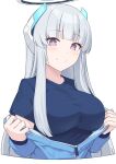  1girl alternate_costume blue_archive breasts grey_hair large_breasts long_hair looking_at_viewer noa_(blue_archive) purple_eyes shiseki_hirame simple_background smile solo upper_body white_background 