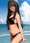  1girl ai-assisted beach bikini black_bikini black_hair black_headband blue_eyes blue_sky blush breasts cleavage cloud cowboy_shot from_side frown groin haruhisky headband highres long_hair looking_at_viewer navel ocean sky small_breasts solo swimsuit thighs tohno_akiha tsukihime very_long_hair water 