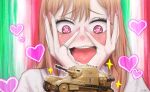  1girl absurdres blonde_hair blush carro_veloce_cv-33 elvafirst fake_nails girls_und_panzer ground_vehicle heart heart-shaped_pupils heart_in_eye highres italian_flag jewelry kitagawa_marin military military_vehicle motor_vehicle pink_eyes pink_nails ring signature solo sono_bisque_doll_wa_koi_wo_suru sparkle symbol-shaped_pupils symbol_in_eye tank upper_body 