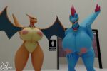  16:9 3d_(artwork) anthro areola big_breasts blender_(software) blue_body breast_squish breasts charizard cleavage clothed clothing digital_media_(artwork) dragon duo erect_nipples female feraligatr generation_1_pokemon generation_2_pokemon genitals gym hanging_breasts huge_breasts locker_room looking_at_viewer membrane_(anatomy) muscular nintendo nipples nude pink_areola pink_nipples pokemon pokemon_(species) pussy scalie smile squish sticki_bun thick_thighs tongue video_games wide_hips widescreen wings yuki_(evov1) yukigatr_(evov1) yukizard_(evov1) 