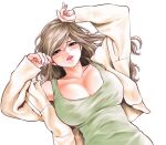  1girl breasts brown_eyes brown_hair cardigan cleavage collarbone date_yuzu green_tank_top half-closed_eyes hare-kon. jewelry large_breasts long_hair lying non_(mangaka) on_back open_cardigan open_clothes parted_lips pink_nails ring solo tank_top upper_body wedding_ring 