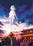  1girl barefoot building children&#039;s_project cloud cloudy_sky full_body hair_over_one_eye highres non_(mangaka) road_sign shirt short_shorts shorts sign sky smile solo standing_on_object t-shirt transparent tree 