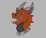  blue_eyes collar control_collar dragon ear_piercing enthusiastic feral greyfuzzbutt happy headshot_portrait horn horn_jewelry horn_ring male metal_collar open_mouth open_smile piercing portrait red_body red_scales ring_(jewelry) scales smile solo tongue tongue_out 