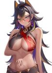  1girl amco animal_ears bangs bare_shoulders black_hair blue_eyes breasts closed_mouth colored_inner_hair crossed_bangs dark-skinned_female dark_skin dehya_(genshin_impact) earrings genshin_impact highres jewelry large_breasts long_hair looking_at_viewer multicolored_hair navel simple_background single_earring solo stomach upper_body very_long_hair white_background 