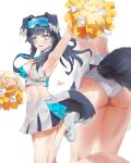  1girl absurdres albreo animal_ears arm_up armpits ass bangs bare_shoulders black_hair blue_archive blue_eyes blush breasts cheerleader crop_top dog_ears dog_girl dog_tail eyewear_on_head goggles goggles_on_head halo hibiki_(blue_archive) hibiki_(cheerleader)_(blue_archive) highres holding holding_pom_poms leg_up long_hair looking_at_viewer looking_to_the_side midriff miniskirt multicolored_hair multiple_views navel open_mouth panties pom_pom_(cheerleading) shoes simple_background skirt sleeveless sneakers sunglasses sweat tail thighs tinted_eyewear underwear white_background white_footwear 