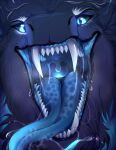 ambiguous_gender artist_name black_sclera blue_eyes blue_tongue bodily_fluids dragon fangs front_view fur furred_dragon glistening glistening_eyes glowing glowing_eyes grey_body grey_fur hi_res looking_at_viewer mouth_shot open_mouth pupils saliva saliva_on_tongue saliva_string santanahoffman sharp_teeth slit_pupils solo teeth tongue uvula 