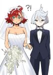 !? 2girls :o ahoge aqua_eyes bangs bare_arms bare_shoulders black_bow black_bowtie black_pants blush bouquet bow bowtie breasts bridal_veil bride collarbone commentary dot_mouth dress gloves grey_eyes gundam gundam_suisei_no_majo hair_between_eyes highres holding holding_bouquet holding_hands large_breasts long_sleeves looking_at_viewer miorine_rembran multiple_girls pants red_hair short_hair simple_background sky-freedom strapless strapless_dress suletta_mercury symbol-only_commentary tuxedo veil wedding_dress white_background white_dress white_gloves white_hair wife_and_wife yuri 
