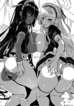  2girls anus ass ass_focus asuna_(blue_archive) asymmetrical_docking bent_over blue_archive breast_press breasts breasts_out clothing_aside crotchless crotchless_pantyhose dark-skinned_female dark_skin frilled_skirt frills gloves greyscale halo highres karin_(blue_archive) kneeling kojima_saya large_breasts leaning_forward looking_at_viewer looking_back maid maid_headdress monochrome multiple_girls naughty_face panties panties_aside pantyhose presenting pussy skindentation skirt spread_anus spread_pussy thighhighs turning_head underwear upskirt white_pantyhose 