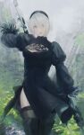  black_dress black_hairband blue_eyes boots chromatic_aberration cleavage_cutout clothing_cutout dress feather-trimmed_sleeves feather_trim forest hairband highres juliet_sleeves katana long_sleeves mole mole_under_mouth nature nier_(series) nier_automata no_blindfold puffy_sleeves rei_(rei_1424) sword thighhighs thighhighs_under_boots two-sided_dress two-sided_fabric vambraces weapon white_hair yorha_no._2_type_b 