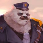  1boy bear_boy black_jacket black_shirt blue_eyes captain_volibear facial_hair furry furry_male grey_necktie hat jacket league_of_legends lindong male_focus mustache necktie police police_hat police_uniform serious shirt solo sunglasses uniform upper_body volibear 