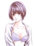  1girl black_hair blue_bra bra breasts brown_eyes collarbone eyebrows_hidden_by_hair frown hare-kon. highres maezono_koharu non_(mangaka) open_clothes open_shirt short_hair small_breasts solo underwear upper_body 