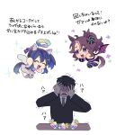  1boy 2girls :d ^_^ angel_and_devil angel_wings animal_ears blue_hair brown_hair closed_eyes commentary daitaku_helios_(sunshine_angel)_(umamusume) daitaku_helios_(umamusume) days_in_a_flash_(umamusume) demon_girl demon_horns demon_wings ear_covers ear_piercing faceless faceless_male fake_halo fang fig_(lchijiku) formal gyaru halloween_costume highres horns horse_ears horse_girl horse_tail jewel_(umamusume) long_hair mejiro_palmer_(devil_in_the_moonlight)_(umamusume) mejiro_palmer_(umamusume) multicolored_hair multiple_girls official_alternate_costume piercing simple_background smile streaked_hair suit tail trainer_(umamusume) translated trembling two-tone_hair umamusume white_background white_hair wings 