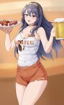  1girl absurdres alcohol alternate_costume amayo_thranana bangs bare_shoulders beer beer_mug blue_eyes blue_hair breasts character_name cleavage collarbone commentary commission covered_navel cup english_commentary fire_emblem fire_emblem_awakening food hair_between_eyes highres holding holding_cup holding_plate hooters long_hair looking_at_viewer lucina_(fire_emblem) medium_breasts mug open_mouth orange_shorts plate shirt short_shorts shorts sleeveless sleeveless_shirt smile solo tank_top thighs tiara waitress white_shirt white_tank_top 