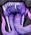  2_tongues ambiguous_form ambiguous_gender ambiguous_species artist_name black_background black_lips bodily_fluids fangs front_view gradient_tongue grey_body hi_res lips mouth_shot multi_tongue multicolored_tongue obscured_eyes open_mouth pink_tongue purple_tongue saliva saliva_on_tongue saliva_string santanahoffman sharp_teeth simple_background solo teeth tongue two_tone_tongue 