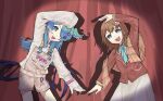  2girls aloee_ve bangs blazer blue_eyes blue_hair blue_necktie brown_hair brown_jacket elira_pendora fangs gloves grey_gloves grey_skirt hair_over_one_eye hana_macchia head_wings heart_arms_duo highres jacket leaning_to_the_side long_hair low_wings medium_hair multiple_girls necktie nijisanji nijisanji_en nijisanji_id one_eye_covered open_mouth overall_shorts overalls shirt single_glove skirt sleeves_past_fingers sleeves_past_wrists smile sweater virtual_youtuber white_shirt white_sweater wings 