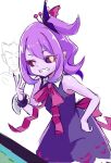  1boy 1girl black_dress black_sclera colored_sclera colored_skin demon_girl dress looking_at_viewer musume_(yuunama) pointy_ears purple_hair purple_skin simple_background sleeveless sleeveless_dress smile unname v white_background yuusha_no_kuse_ni_namaiki_da 