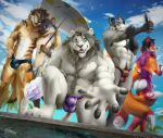  absurd_res anthro athletic beach bikini bikini_bottom butt canid canine canis clothing davos felid fox fur group hi_res hyaenid lion male male/male mammal nude outside pantherine public seaside shynjy sirius_(serial_biter) size_difference speedo spotted_hyena swimwear tsen umbrella wolf yuri_the_lion 